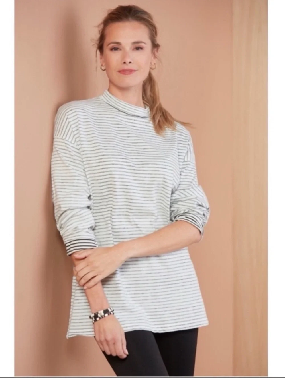 Free People Be Free MockNeck Striped Top - White‎ & Black XS Oversized